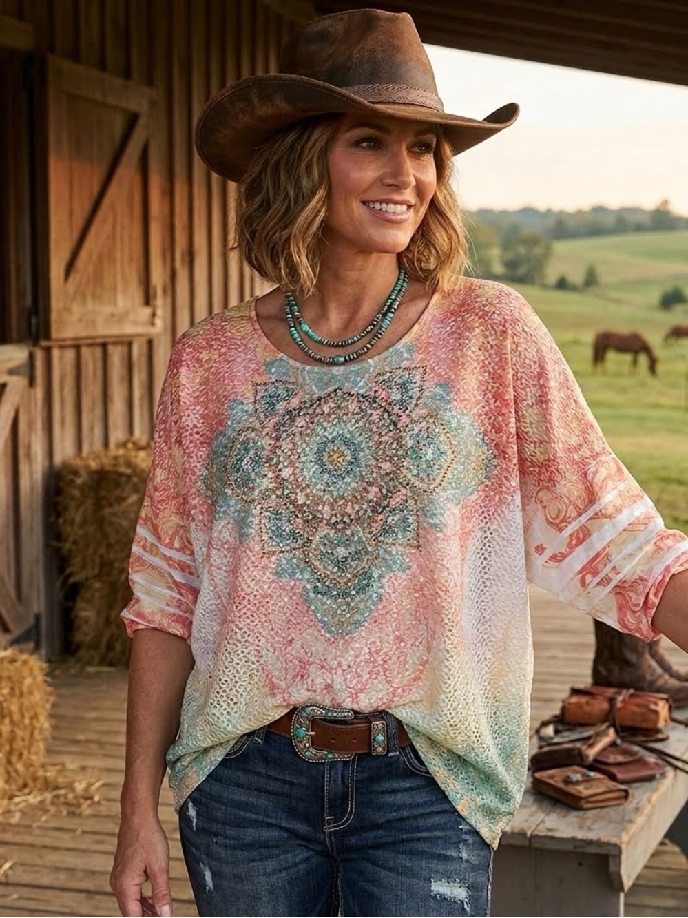 Reba McEntire Embellished Mandala Boho Top XL | Rhinestone 3/4 Sleeve Tunic USA